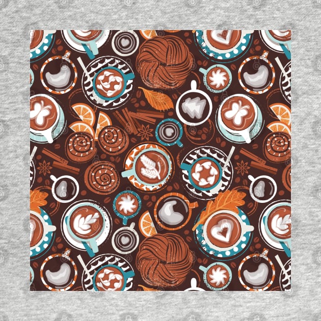 Love hugs in coffee mugs // pattern // expresso brown background lagoon orange and aqua cups and plates autumn leaves delicious cinnamon buns and cakes coffee stains and beans by SelmaCardoso